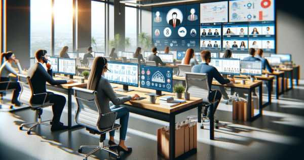 DALL·E 2023-12-18 20.10.12 - A modern office setting where employees are engaged in online training. The scene shows several employees sitting at their desks, each focused on thei