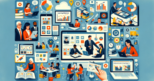 DALL·E 2023-12-18 20.03.48 - A collage representing the benefits of using a Learning Management System (LMS) in schools and businesses. The collage includes various scenes_ a teac