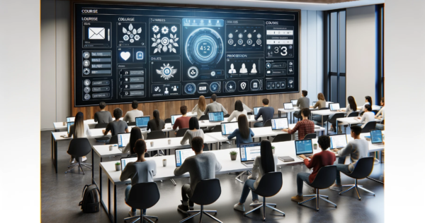 DALL·E-2023-12-18-19.56.05-A-modern-sleek-classroom-with-a-large-interactive-digital-whiteboard-displaying-various-features-of-a-Learning-Management-System-LMS.-The-classroom